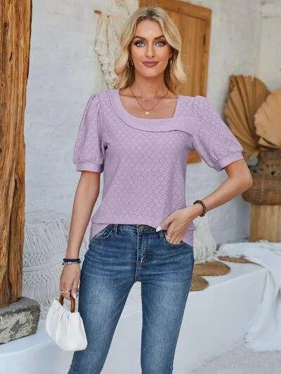 Eyelet Asymmetrical Neck Short Sleeve T-Shirt Women's T-Shirts - Tophatter Daily Deals
